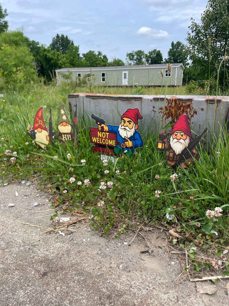 Gnomefront Defense Squad™ – UV-Printed Aluminum Gnomes