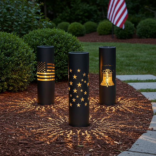 Patriot Guard Trio: Decorative Solar Garden Light Set (3-Pack) | Waterproof with American Symbol Cutouts