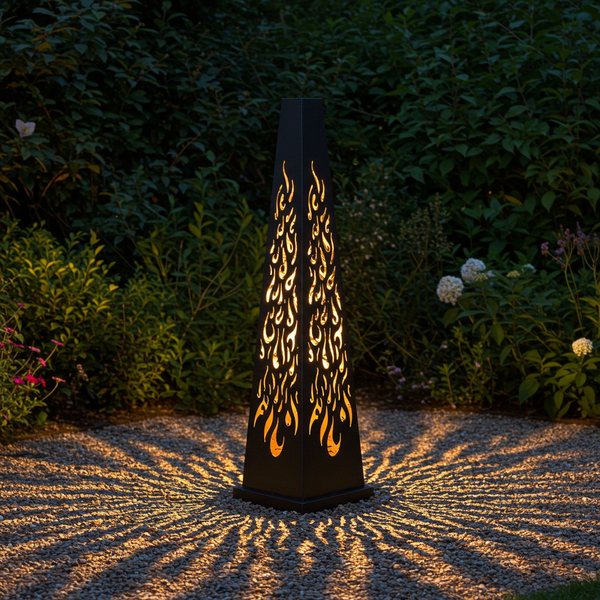 Inferno Obelisk: Decorative Solar Flame Tower | Weatherproof Steel with Fire Pattern
