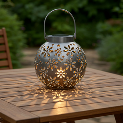Luna Bloom Dome: Solar Garden Lantern | Floral Cutout Design with Handle & Tabletop Base