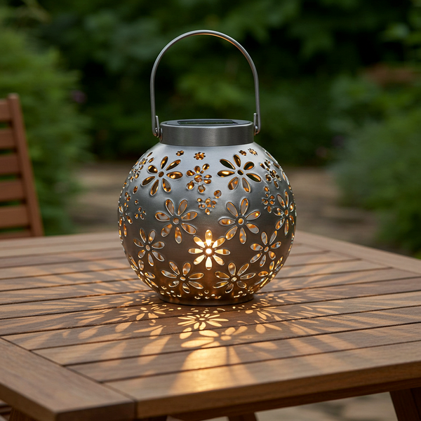 Luna Bloom Dome: Solar Garden Lantern | Floral Cutout Design with Handle & Tabletop Base