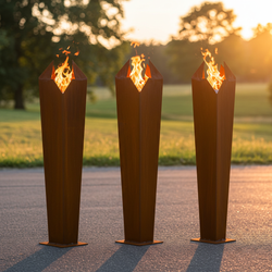 Emberspire Tower Set: 3-Piece Rusted Steel Flame Sculptures