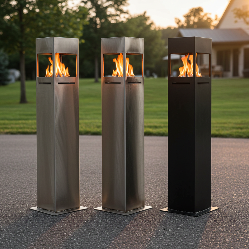 Inferno Pillars Trio: Modern Steel Flame Towers for Outdoor Ambiance