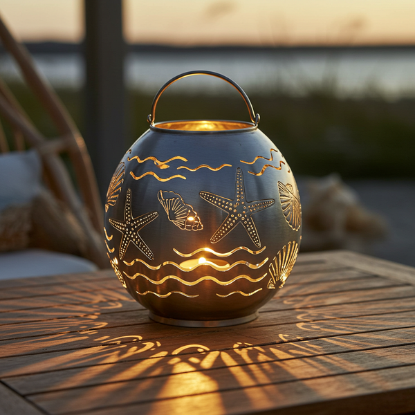 Coastal Glow Lantern: Beach-Inspired Solar Light with Seashell & Starfish Cutouts