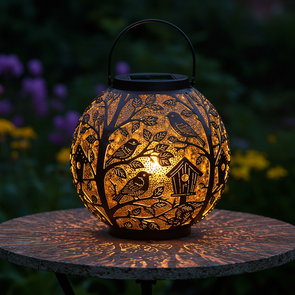 Sunset Song: Solar Lantern with Birdhouse & Songbird Silhouettes