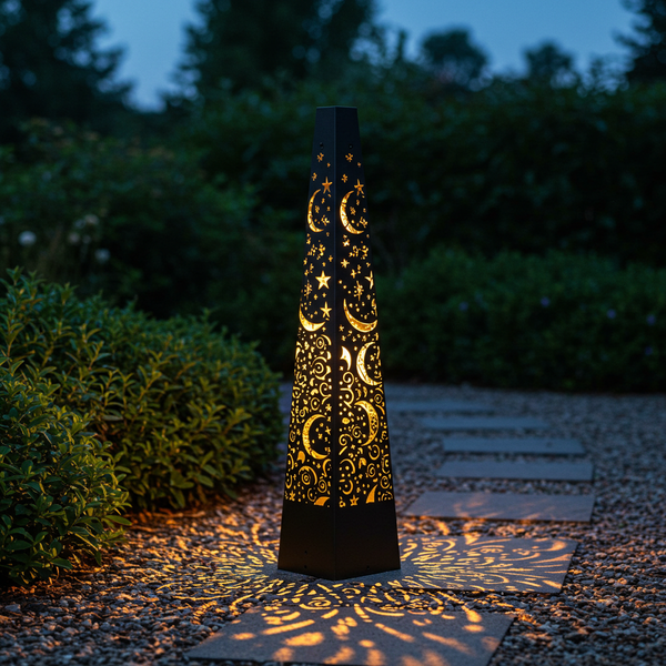 Celestial Stargaze Obelisk: Solar Garden Light with Moon & Stars Design