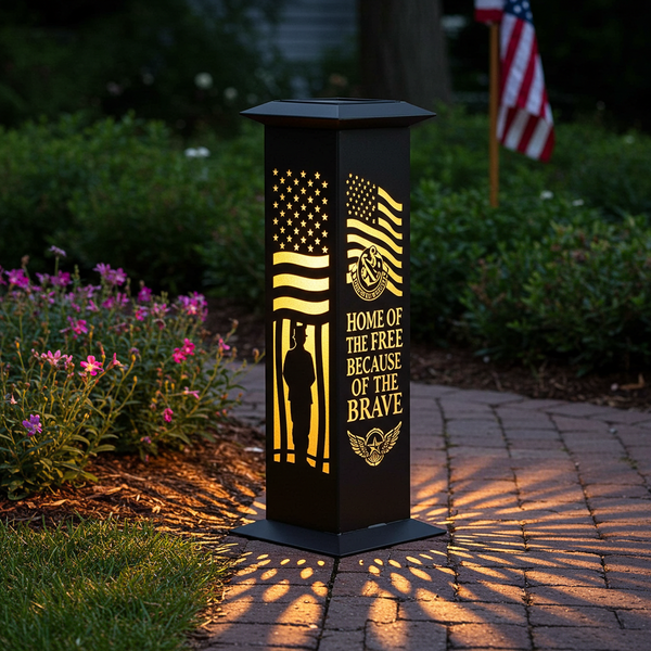 The Valor Spire: Military Tribute Solar Garden Light | Waterproof with Saluting Soldier & Flag Design