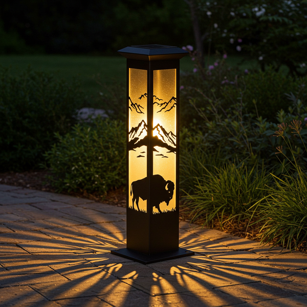 The Frontier Spire: Patriotic Solar Garden Light | Waterproof with American Bison & Mountain Design