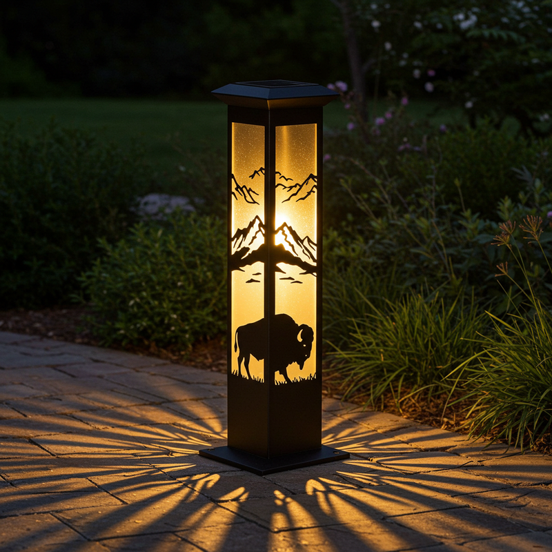 The Frontier Spire: Patriotic Solar Garden Light | Waterproof with American Bison & Mountain Design