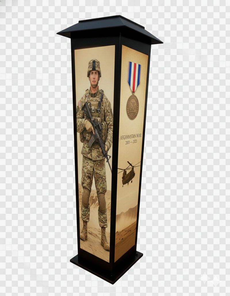 Military Honor Solar Tower (28″ or 48″) — War-Era Designs + Free Personalized Memorial Stake