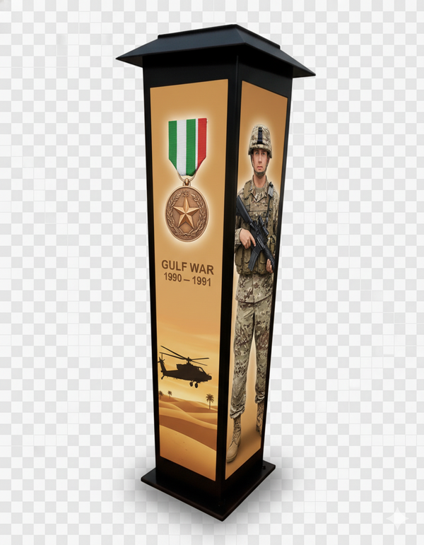 Military Honor Solar Tower (28″ or 48″) — War-Era Designs + Free Personalized Memorial Stake