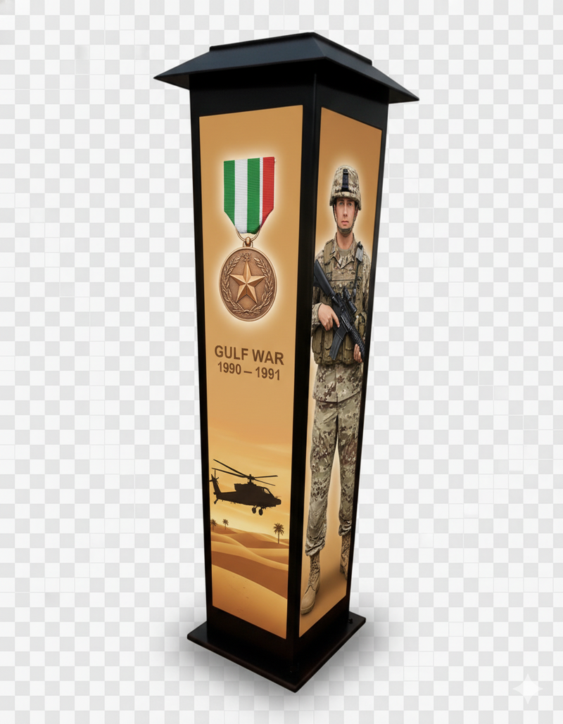 Military Honor Solar Tower (28″ or 48″) — War-Era Designs + Free Personalized Memorial Stake