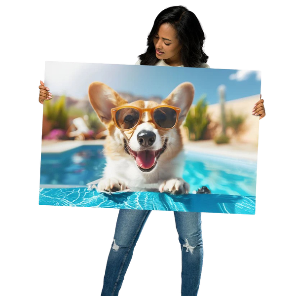 Woman holding a large portrait of a smiling dog wearing sunglasses by a pool, perfect for pet lovers.