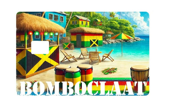 Caribbean Expression Card Cover featuring 'Bomboclaat' with vibrant beach scene and Jamaican colors.