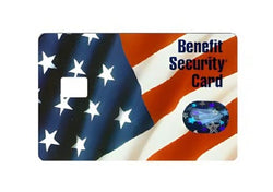 Official-looking food assistance card cover with American flag design and Benefit Security Card text.