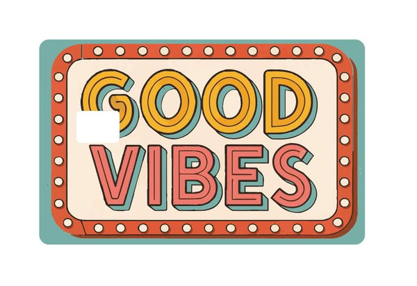 Colorful Good Vibes card cover design promoting positive energy and a cheerful spending experience.