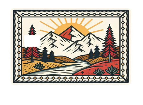 Mountain landscape card cover featuring rugged mountains, a river, and sun rays, perfect for nature lovers.