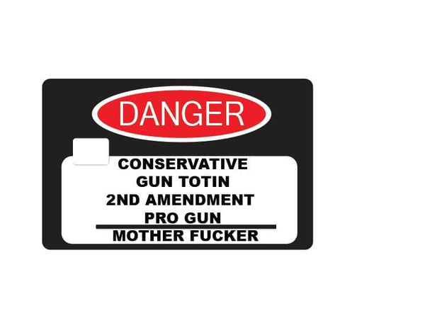 Danger card cover featuring bold red and black designs, warning about pro-gun sentiments and conservative beliefs.