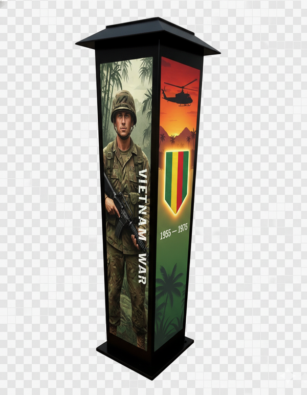 Military Honor Solar Tower (28″ or 48″) — War-Era Designs + Free Personalized Memorial Stake