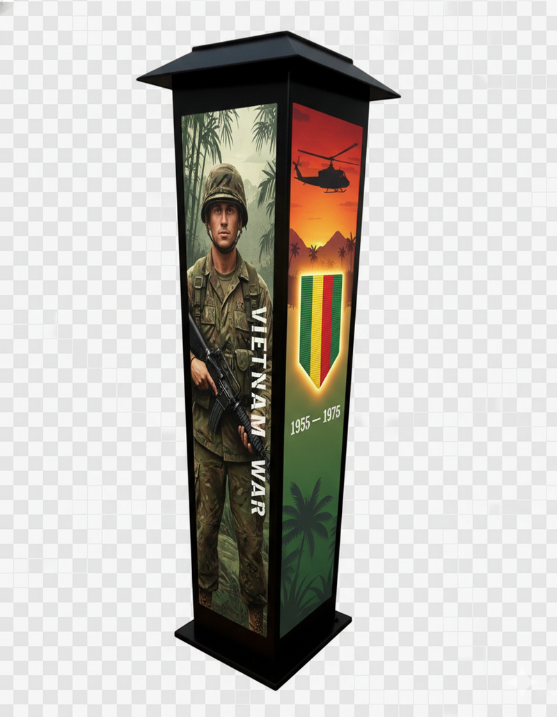 Military Honor Solar Tower (28″ or 48″) — War-Era Designs + Free Personalized Memorial Stake
