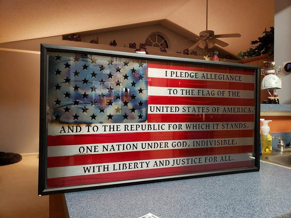 Handcrafted Pledge Of Allegiance Flag with text showing patriotic commitment to the United States.