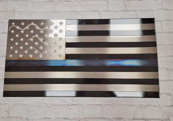 Thin Blue Line Flag design with black and metallic stripes, representing support for law enforcement overstock item.