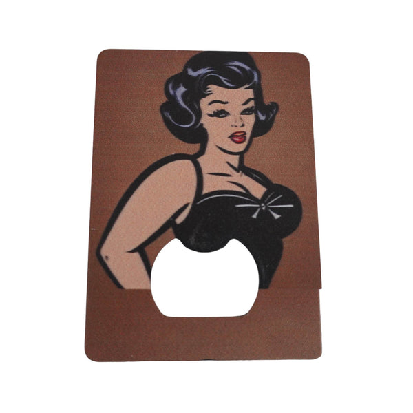 Vintage-style bottle opener featuring a pin-up girl design, perfect for retro-themed events and collectors.
